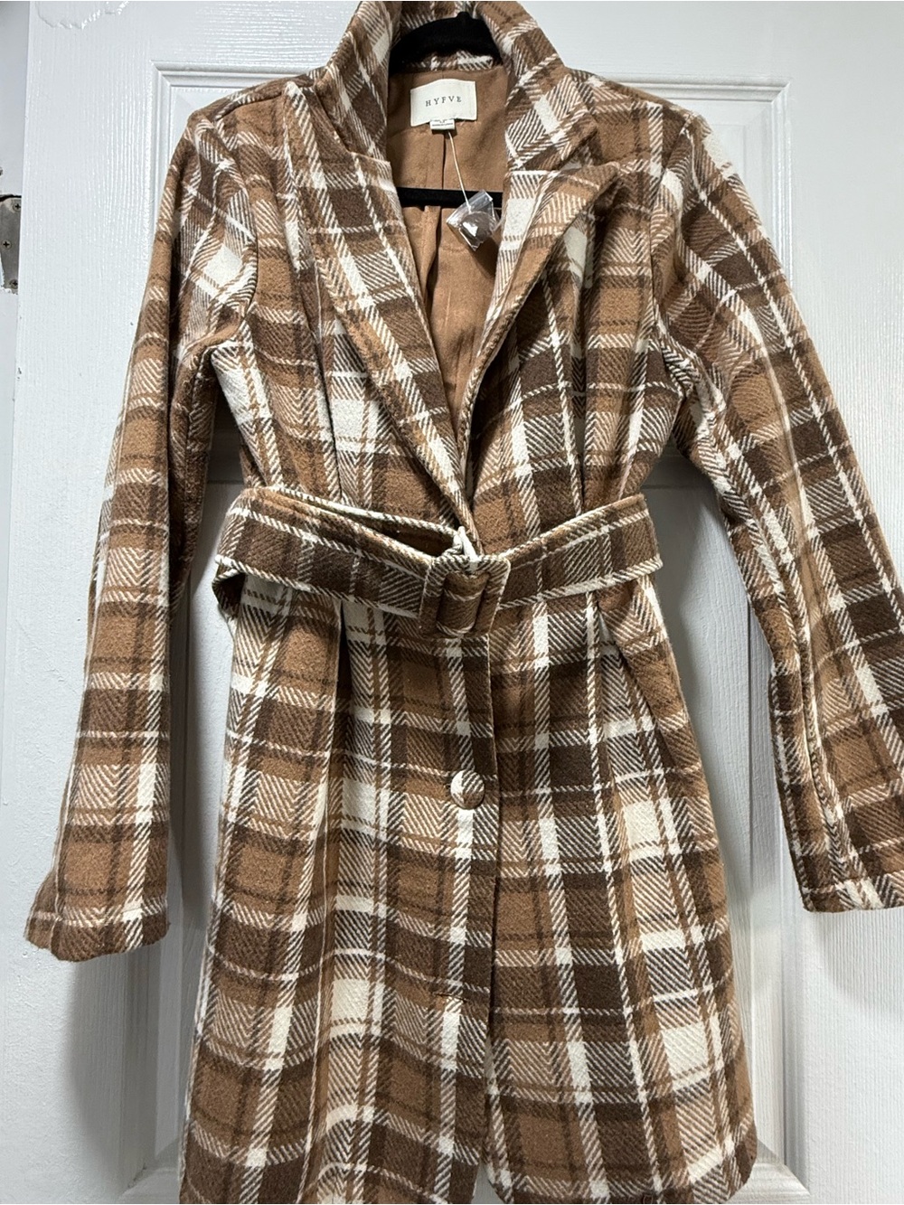 HYFVE Plaid Belted Long Coat Jacket Size Medium
NWOT Brown/Cream - Picture 2 of 3